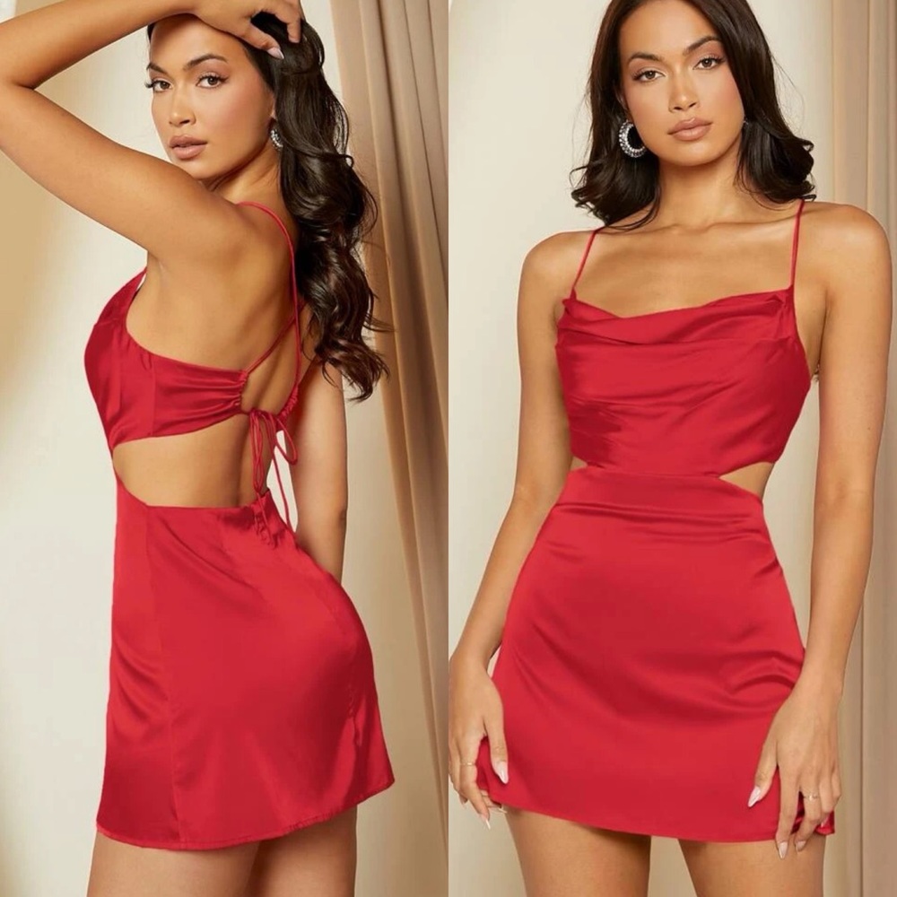 cowl neck Cut Out Crisscross Tie Backless Satin Cami Dress red